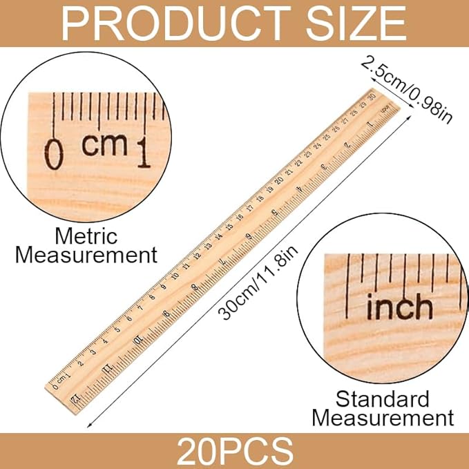Wooden Ruler 12 Inch, 20 Pack Wooden Rulers Bulk for Classroom, Wood Measuring Ruler for Students, Teachers, School