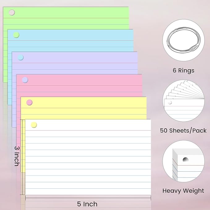 300 Count Index Cards 3 x 5 Inch Colored Flash Cards with Ring, Heavy Flashcards College Ruled Home Organization, Durable Study To Do List Note Cards with Ruled Lines for Office & School Supplies