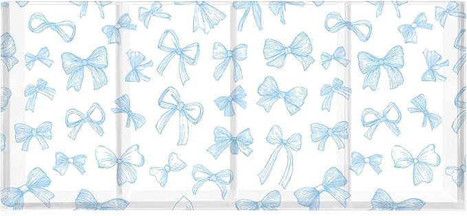 Aslsiy Coquette Blue Ribbon Bow Pen Holder Watercolor 4 Compartments Acrylic Pencil Holder Clear Makeup Brush Holder Desk Organizer Office Supplies