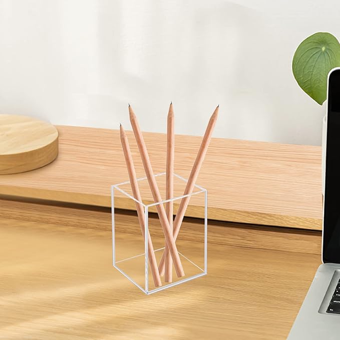Ptaedex 2 Pack Acrylic Pen Pencil Holder, Clear Makeup Brush Holder Cup Storage Office Desktop Desk Table Stationery Organizer