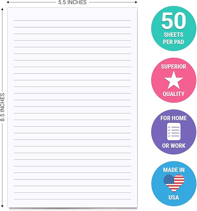 321Done Lined Notepad & Memo Pad, College-ruled Writing Pads - 50 Tear-Off Sheets, 5.5x8.5 Notepads, Note Pads, Note Paper, Scratch Pad, Plain White 70 lb Paper, Chipboard Backing, Made in USA