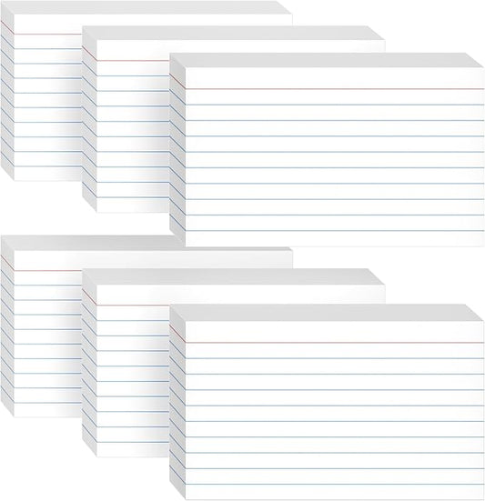 300 Count White Ruled Index Cards, 3x5 Inch Lined Study Flash Cards - 6 Pads, 50 Cards per Pad, Narrow Ruled Note Cards for School, College, Learning, Flashcards with Lines for Notes