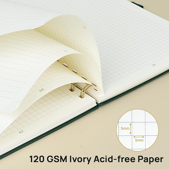 POPRUN Graph Paper Spiral Journal Notebook, [A5-5.75'' x 8.25''] - 120 GSM Thick Paper, 141 Numbered Pages, Grid Notebooks for Men & Women with Pocket, Index Tabs, 8 Perforated Sheets,Black