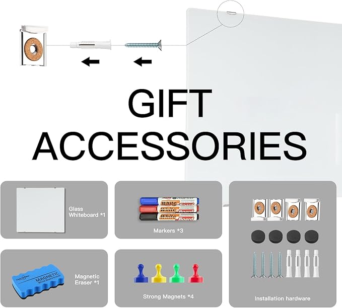 48"x36" Magnetic Glass Whiteboard, Frameless Wall Mounted Dry Erase Board, Anti Ghosting, Scratch Resistant, Complete Mounting Kit for Office, Classroom, Home