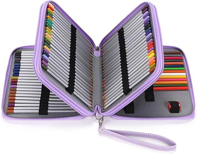 BTSKY Deluxe PU Leather Pencil Case For Colored Pencils - 120 Slot Pencil Holder with Handle Strap Handy Colored Pencil Box Large (Purple)