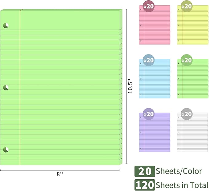120 Sheets Loose Leaf Binder Paper, 6-Color Wide Ruled Lined Paper, 8” x 10.5”, 3-Hole Punched Notebook Paper Writing Paper for School Office