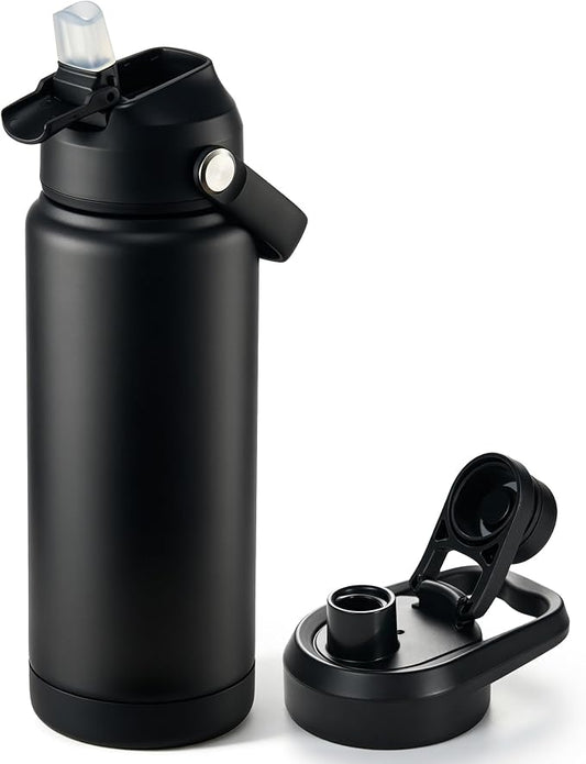 Fijinhom 24 oz Insulated Water Bottle with 2 Lids, Stainless Steel Water Bottles, Double Wall Vacuum, Portable Handle & Non-slip Bottom, BPA Free Leak Proof Metal Bottles, Keep Cold 24H, Black