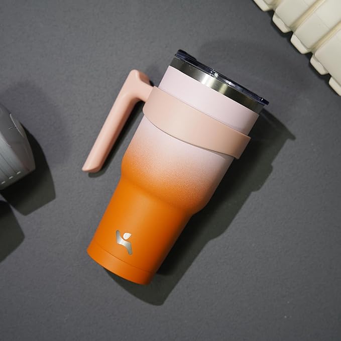 Konokyo 30 oz Tumbler with Handle and 2 Straw 2 Lid, Insulated Water Bottle Stainless Steel Vacuum Cup Reusable Travel Mug,Coral
