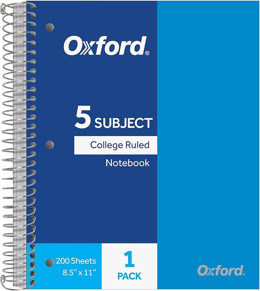 Oxford 5 Subject Spiral Notebook, Notebooks for School, Plastic Covers, Back to School Supplies, College Ruled, 200 Sheets, 1 Pack, Bright Blue (1009294)