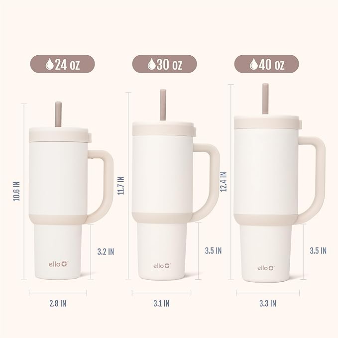 Ello Oasis 40 oz Tumbler with Handle & Retracting Straw | Reusable Insulated Stainless Steel Cup 100% Leakproof, Gifts for Teens Women Men | Keeps cold for 24 Hours, Cup Holder Friendly, Cream Tonal