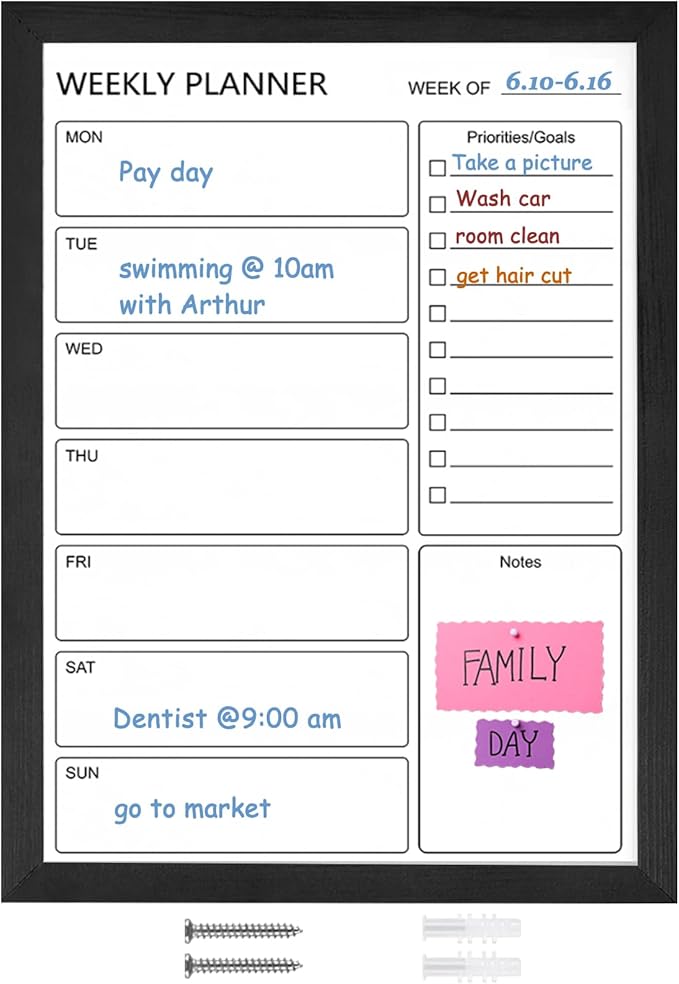 Dry Erase White Board Weekly Calendar Board, Magnetic Whiteboard for Wall,17.7“x23.6 Solid Wood Black Framed Message Board, Planner Board for Office, Home, School（Weekly-BB-BK-4560