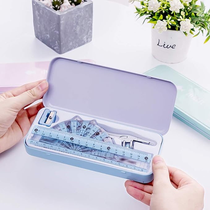 LABANCA 8 Pcs Compass Set with Protractor Rulers Pencil for Math Geometry (X-Blue)