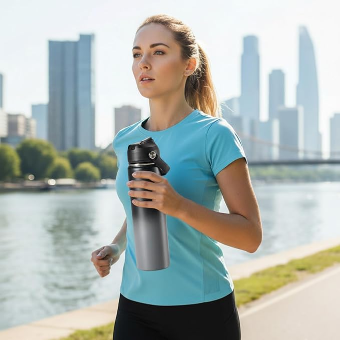 Fijinhom 24oz Insulated Stainless Steel Water Bottle, Wide Mouth Double Wall Vacuum, Silicone Straw, Sweat & Leak Proof, BPA Free Insulated Water Flask for Travel, Keep Cold 24h Hot 12h, Grey