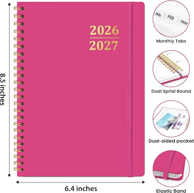 Academic Planner 2026-2027, Weekly and Monthly Calendar Planner Book, July 2026 – June 2027, Hardcover Organizer with Tabs, Perfect for Teachers, Students, Women & Men, A5 (6.4" x 8.5") - Hot Pink