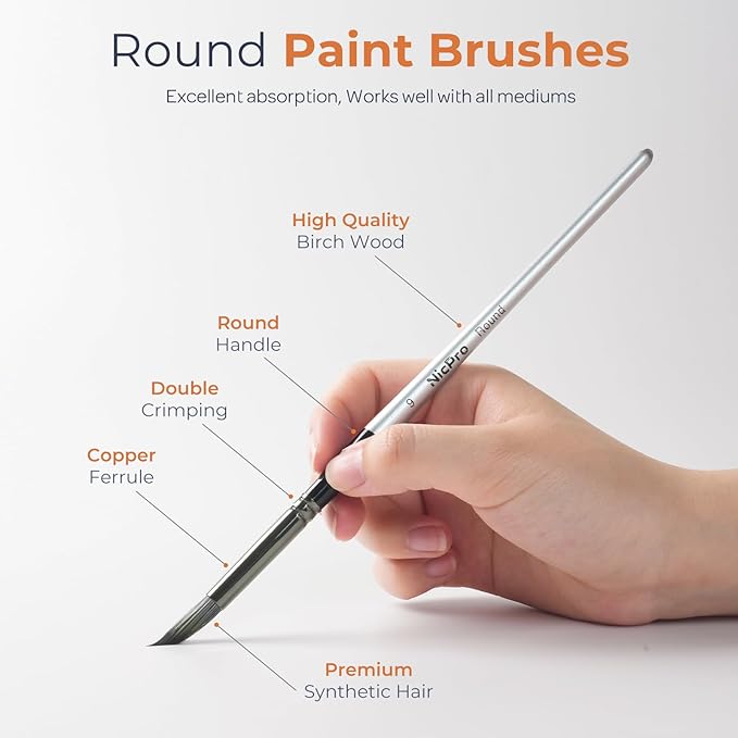 Nicpro 10 PCS Watercolor Paint Brushes, Round Tip Artist Painting Brush Set for Watercolor, Acrylic, Gouache, Inks, Oil and Tempera, 10 Sizes Detail Paint Brush for Fine Art, Craft, Paint by Number