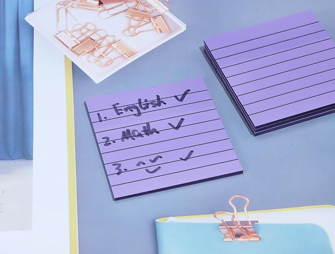 ONLYKXY 4 Pack Transparent Sticky Notes 7.6x7.6CM Self-Stick Book Tabs 200 Sheets Waterproof PET Markers Sticky Notes Pad (Grayish Purple - with Line)