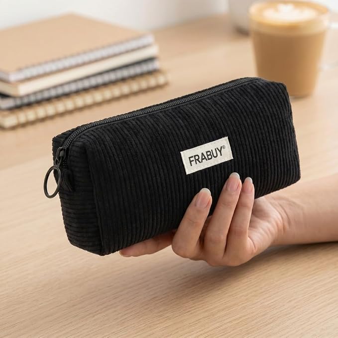 Soft Corduroy Pencil Case Pen Pouch Organizer, Small Stationery Bag | Cute black pencil pouch, smooth zipper, daily cosmetics holder, compact organizer for school teen girls, women