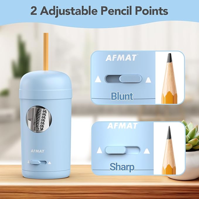 AFMAT Electric Pencil Sharpener, Fully Automatic Pencil Sharpener for 7-8mm Pencils & Colored Pencils, Auto in & Out, Rechargeable Vertical Hands-Free Sharpeners for Classroom/Home/Office PSX7(Blue)
