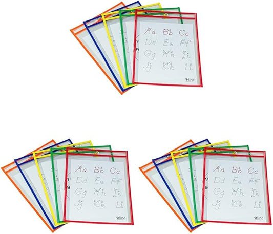 C-Line Reusable Dry Erase Pockets, 9 x 12 Inches, Assorted Primary Colors, 5 Pockets per Pack (40630) (Pack of 3)