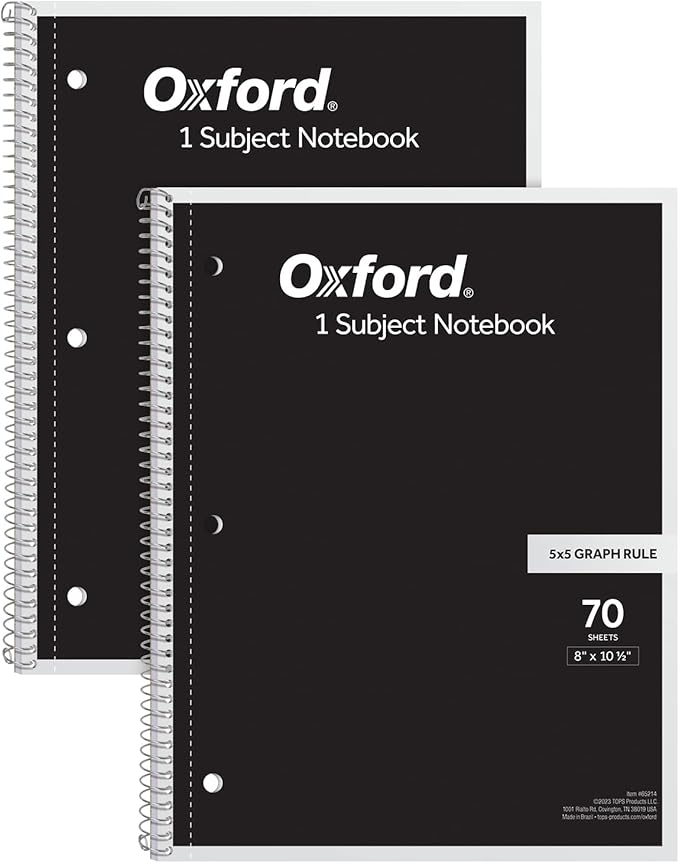 Oxford Spiral Notebook 2 Pack, 1 Subject School Pads, 3-Hole Punch, 5 x 5 Inch Graph Paper, 8-1/2 x 10-1/2 Inches, Black Covers, 70 Perforated Sheets (65214)