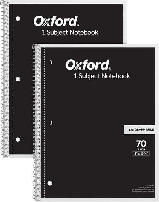 Oxford Spiral Notebook 2 Pack, 1 Subject School Pads, 3-Hole Punch, 5 x 5 Inch Graph Paper, 8-1/2 x 10-1/2 Inches, Black Covers, 70 Perforated Sheets (65214)