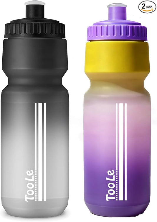2 Pack Bike Water Bottle, Squeeze Water Bottle Leakproof BPA Free 24Oz | with Capacity Scale w/Pull Top Lid, Reusable, for Bicycle, Gym,Camping, Hiking