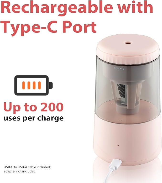 SUNZO Electric Automatic Pencil Sharpener, auto feed, hands free, electronic, rechargeable battery powered, small & portable, for colored pencil, for office & classroom (Pink)