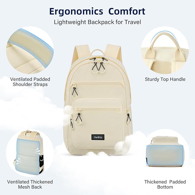 HanTrip 18 Inch Carry on Travel Backpack with Lots of Pockets, Offwhite | 15.6 Inch Laptop Sleeve, Luggage Strap, Water Bottle Pocket, 28 Liters, Lightweight, Water Resistant, 18x14x8 Medium Bookbag