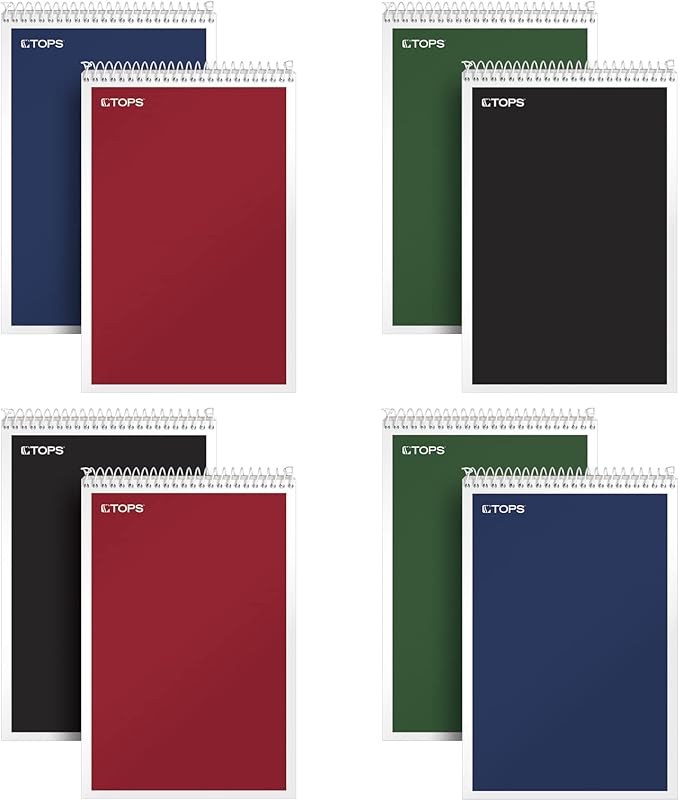 TOPS Spiral Steno Books 8 Pack, 6" x 9", Gregg Rule White Paper, Assorted Covers, 80 Sheets per Book/8 Books per Pack, Red, Black, Blue, Green (80219)