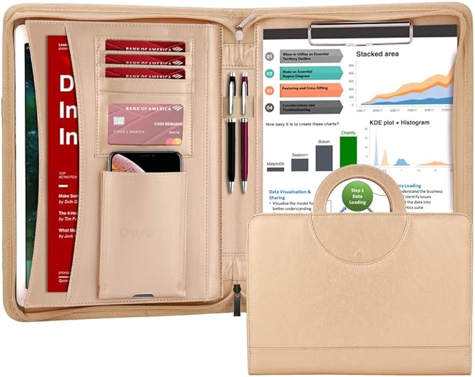 Darolin Vegan Leather Padfolio Portfolio with Handle & Clipboard, Zippered Business Portfolio Organizer for Meetings, Interviews & Travel, Fits A4 & Letter Size, Padfolio for Men Women (Gold)