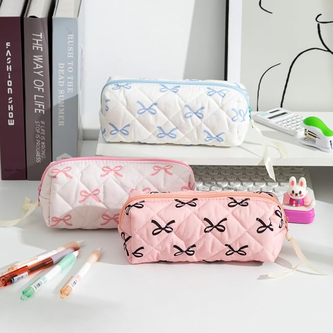 Quilted Bow Pencil Case, Large Capacity Coquette Stationery Bag | Soft Cotton Storage Bag Aesthetic Cosmetic Pouch for Brushes Pencils and Travel Make Up Accessories for Women and Girls