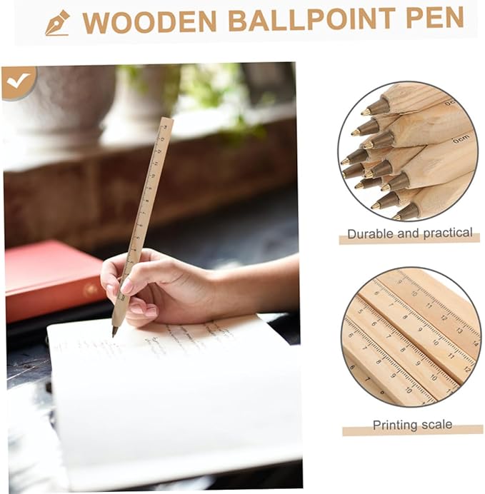 20pcs Wooden Ballpoint Pens with Black Ink, Biodegradable Natural Wood Carpenter Markers with Printed Ruler, Construction and Woodwork Signature Writing Pens for Professional