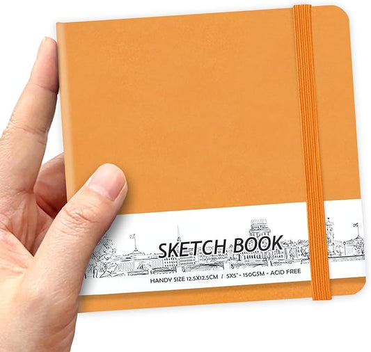 qianshan 5" x 5" Hardcover Sketch Book,Small Mixed Media Sketch Pad,58 Sheets 150GSM Acid-Free Artist Drawing Paper,Travel Journal Blank Notebook for Adults Painting,Illustration,Art Supplies.Orange