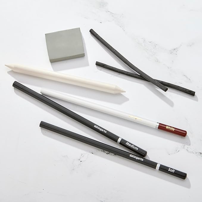 KINGART 8-Piece Charcoal Drawing and Sketching Set with Metal Tin – Includes Soft & Medium Charcoal Pencils, White Pastel Pencil, Blending Stump & Kneaded Eraser