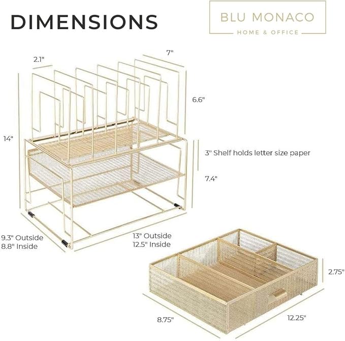 BLU MONACO | Gold Desk Organizer With Drawer | Metal Mesh File Holder & Vertical File Organizer | Desktop Storage for Office Supplies, Papers & Folders | 9.3" D x 13" W x 14" H
