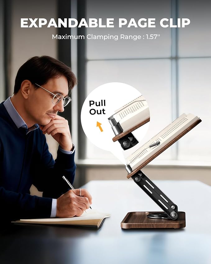 Adjustable Book Stand for Reading, Book Holder with 360° Rotation Base, Height Adjustable Book Reading Stand with Extendable Page Clips — Wooden Stand Holder for Cookbook, Receipe Book, Thick Book