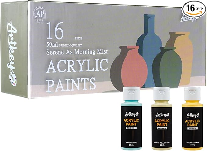 Artkey Acrylic Paint Set, 16 Colors 2 oz/59 ml Acrylic Paint Kit for Professional Artists & Beginners – Morandi Inspired “Poet of Subtle Shades” Palette for Canvas, Wood, Fabric, Rock, Leather, Ceramic, Glass