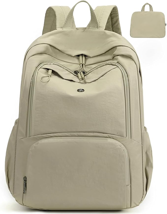 Foldable Backpack for Women, Lightweight Travel Backpack Purse Khaki | with Luggage Strap, Packable Causal Daypack, Chic Bookbag, Water-Resistant Gym School Backpack for Travel College Daily Use