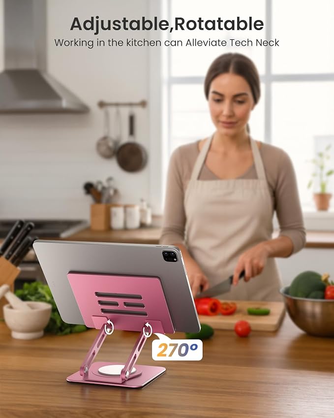LOXP Metal Tablet Stand, 360 Rotating iPad Stand with Heavy-Duty Base, Tablet Holder Compatible with 4.0-16.9" Device, 2025 iPad Pro Air Mini, Kindle, Surface Tablet, Portable Monitors - Pink