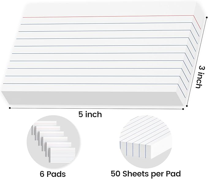 300 Count White Index Cards 3x5 Inch - 180gsm Heavyweight Flash Card (50 Sheets Each), Durable & Portable Note Taking for Students, Teachers, Study Flashcards for Office School Supplies