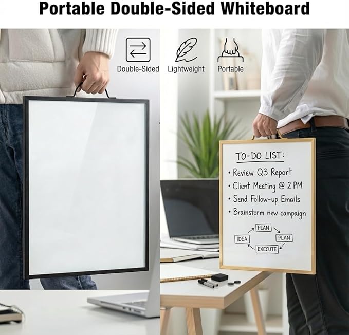 Magnetic Dry Erase Board 12x16 with Handle, Double Sided Portable Black Whiteboard for Home, Office, School & Kitchen, Includes Weekly & Monthly Magnetic Planner Sheets