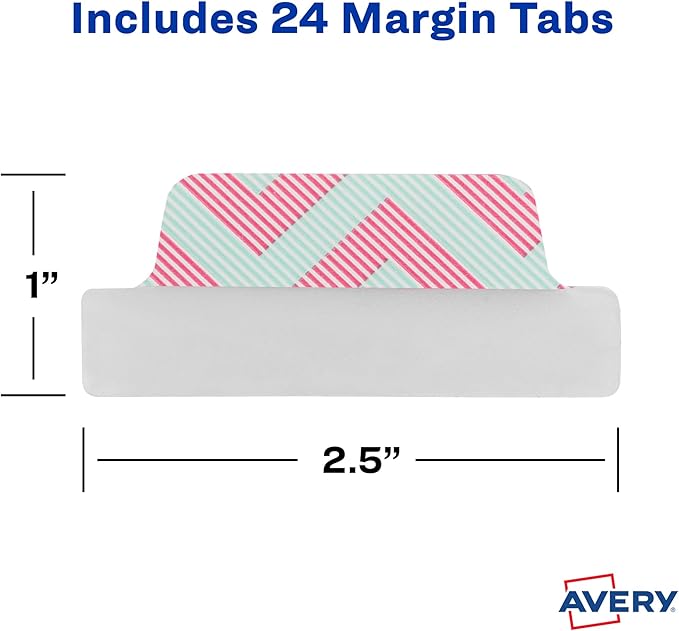 Avery Margin Ultra Tabs, 2.5" x 1", Assorted Color Geometric Designs, 24 Repositionable Page Tabs (74897)