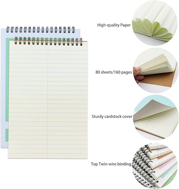 Steno Pad,6 Pack Top Spiral Notepads,6" x 9",80 Sheets, Gregg Rule Steno Notebook for Writing Notes in School, University, College, Office,Home