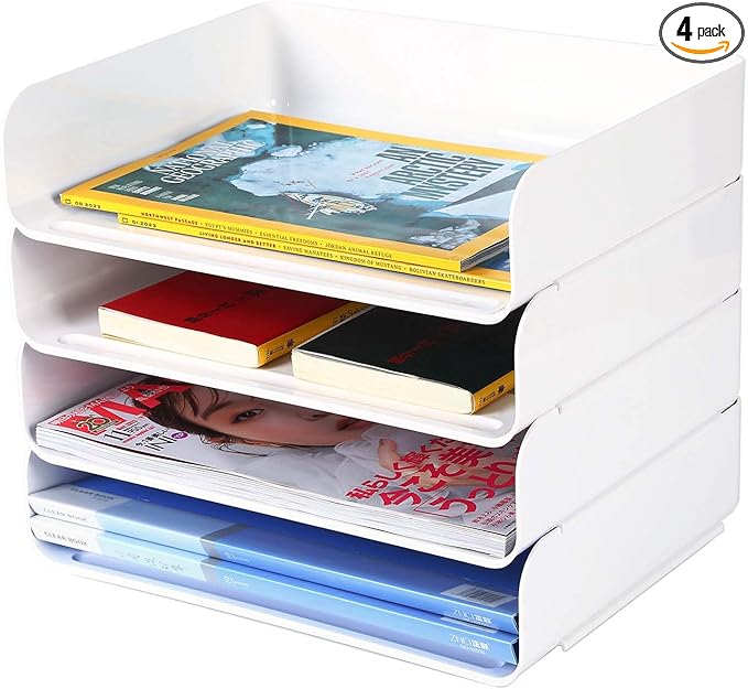 4 Tiers Stackable A4 Paper Trays, Office Desk File Holder, Tidy File Document Letter Book Paper Organizer (4 Tiers,White)