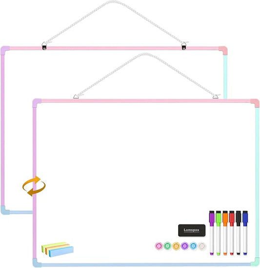 Dry Erase Board for Wall, 24" x 18" Double-Sided Hanging Magnetic Whiteboard with 6 Markers, 6 Magnets and 3 Mini Sticky Notes, Large White Board for School, Home, Office, Colorful Frame