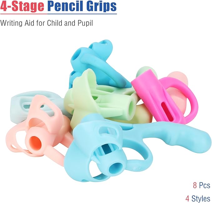 4-Stage Pencil Grips for Kids Writing Posture Correction, 8 Pack Pencil Holder for Toddlers Writing Aid Tools, Pencil Grippers for Preschoolers Needs in Classroom, Assorted Colors