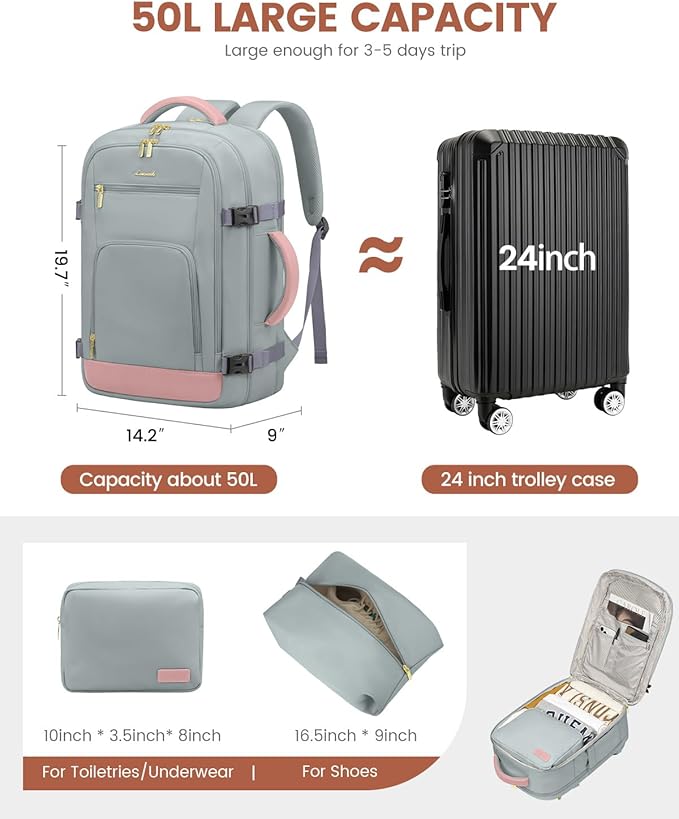LOVEVOOK 50L Travel Backpack for Women Flight Approved, Carry on Backpack for Airplanes, TSA Personal Item Travel Bag, Waterproof 18 Inch Laptop Backpack, Business Weekender Overnight Daypack, 4Pcs