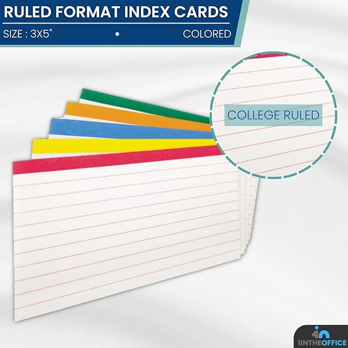 1InTheOffice Index Cards 3x5, Ruled Index Cards, Flash Cards, Assorted Colors, 300 Pack
