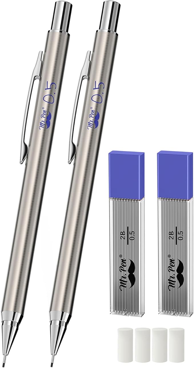 Mr. Pen- Metal Mechanical Pencil Set with Lead Refills & Erasers, 2 Pack, 0.5mm, 4x Tubes 2B Lead Refill, 4x Eraser Refills for School Supplies, Note Taking, Drawing, Sketching, Office