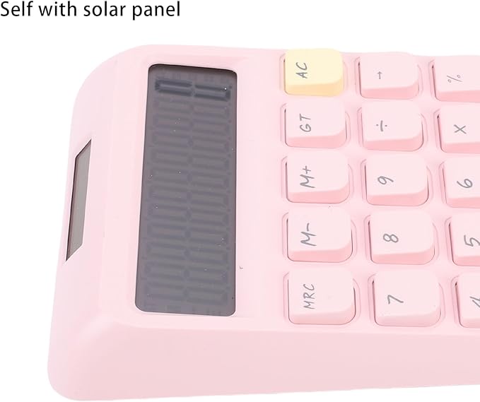 GLOGLOW Solar Power Calculator, ABS Material, 12 Digits Large LCD, Tactile Buttons, Great for Office Study and School Use (Pink)